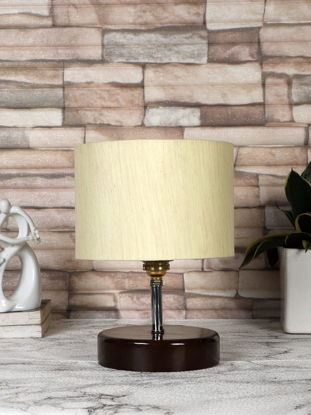 Off-White Cotton Table lamp with Brown Wood Base (YK81)