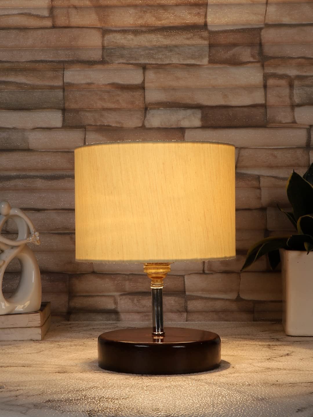 Off-White Cotton Table lamp with Brown Wood Base (YK81)
