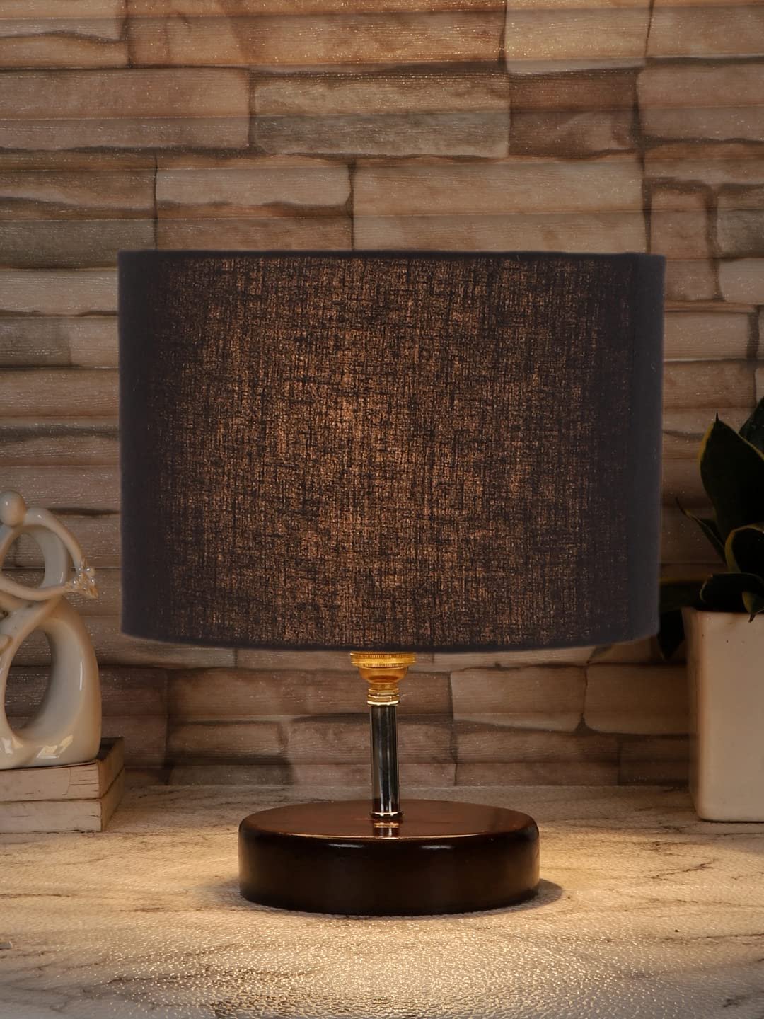 Black Cotton Table lamp with Brown Wood Base (YK82)