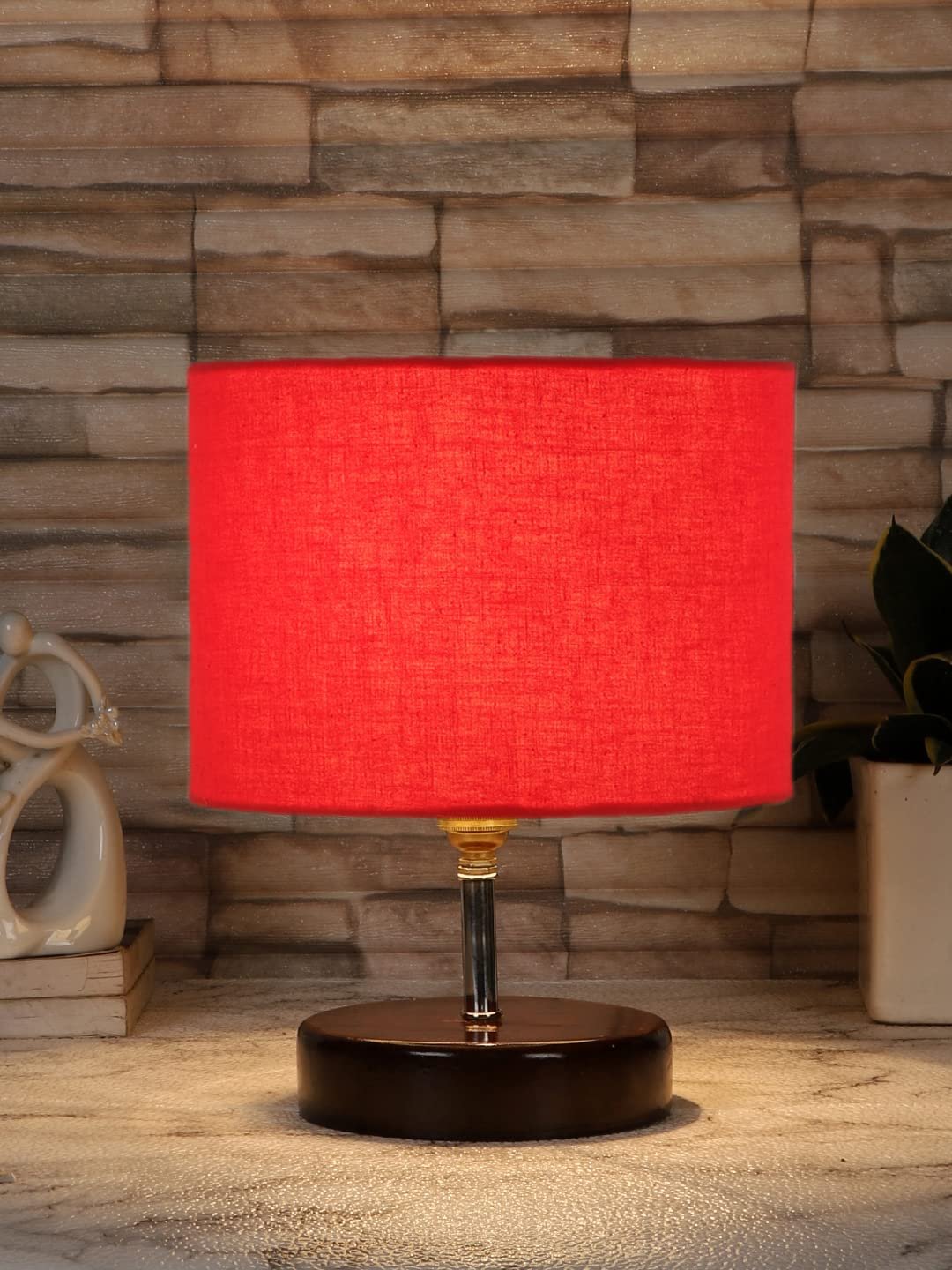 Red Cotton Table lamp with Brown Wood Base (YK83)