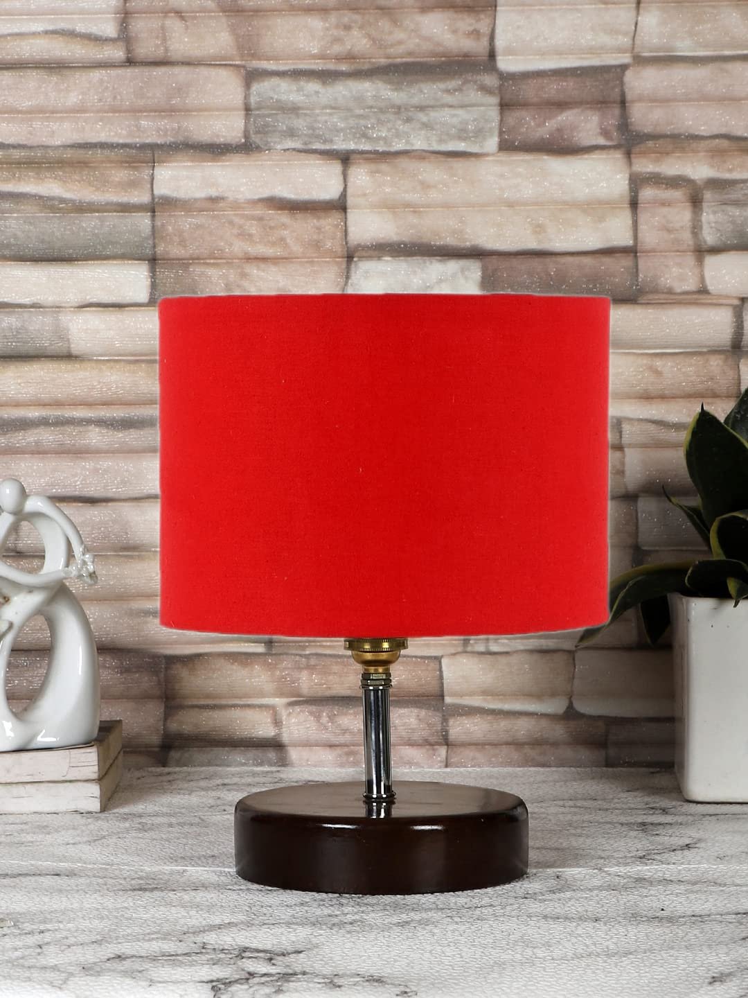 Red Cotton Table lamp with Brown Wood Base (YK83)
