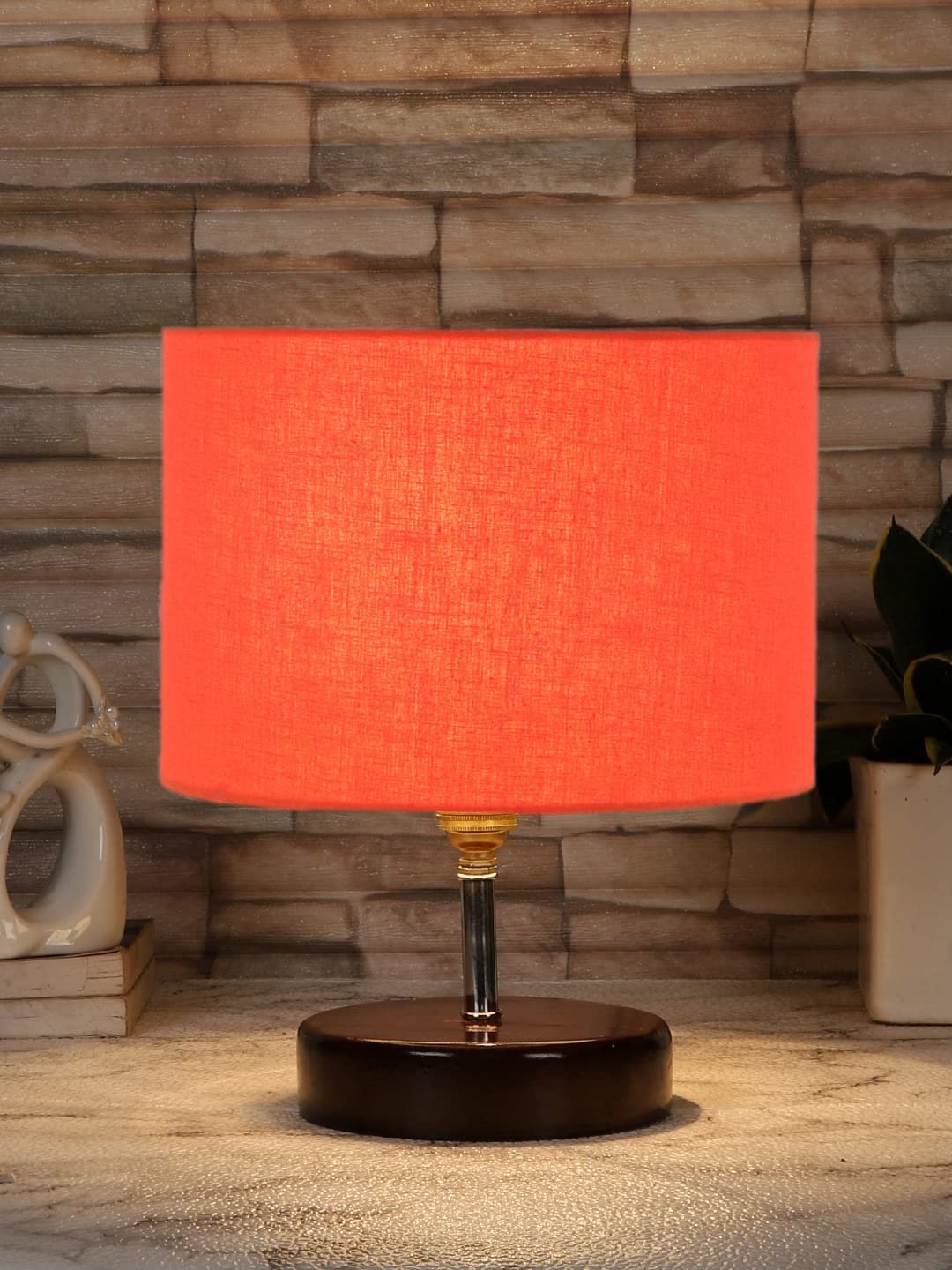 Orange Cotton Table lamp with Brown Wood Base (YK84)