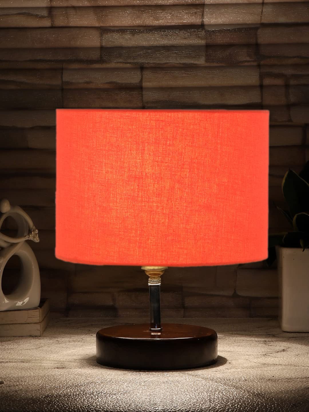 Orange Cotton Table lamp with Brown Wood Base (YK84)