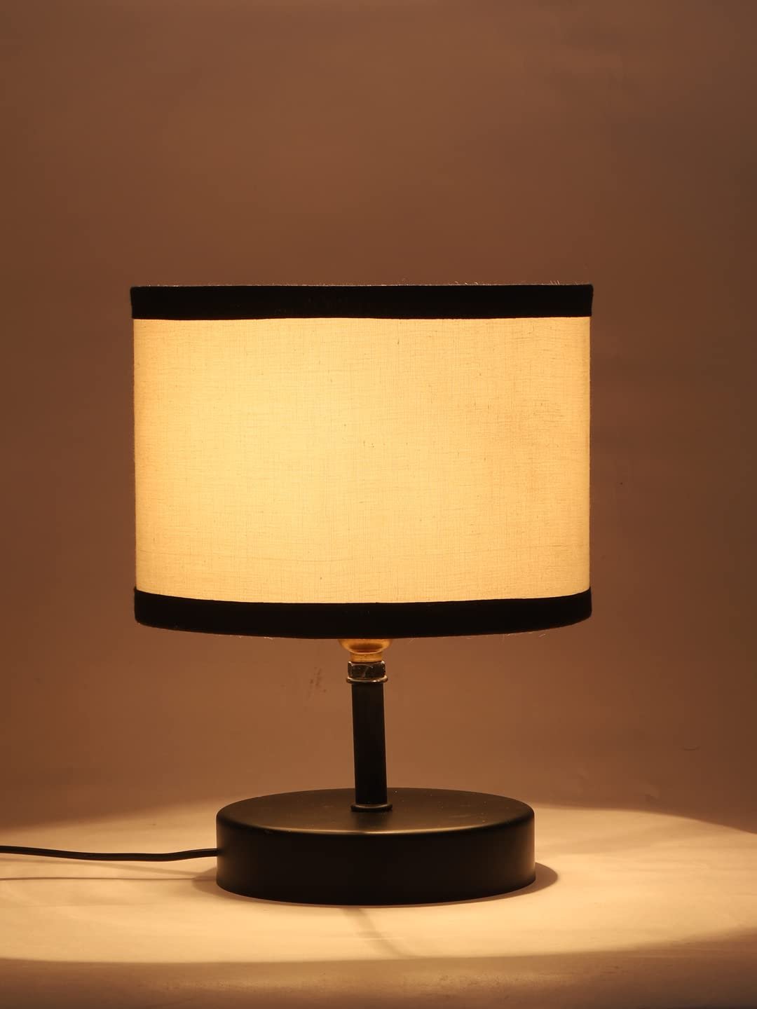 White & Black Cotton Table lamp with Brown Wood Base (YK87)