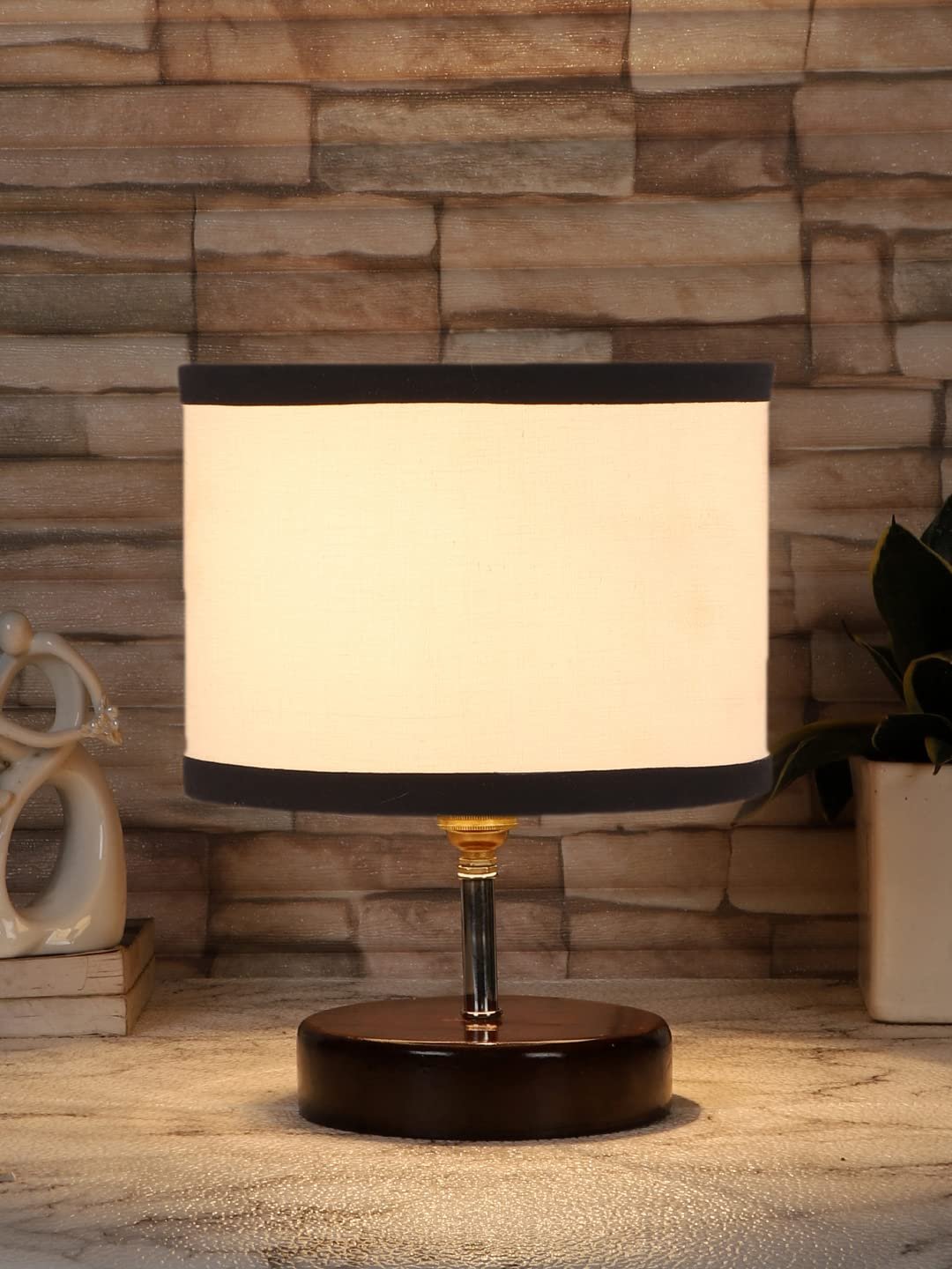 White & Black Cotton Table lamp with Brown Wood Base (YK87)