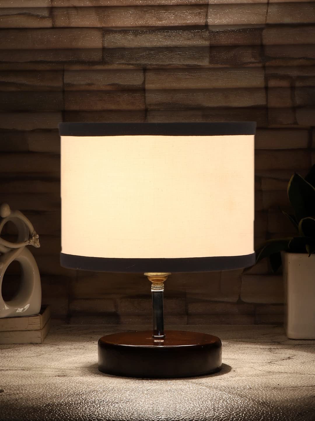 White & Black Cotton Table lamp with Brown Wood Base (YK87)