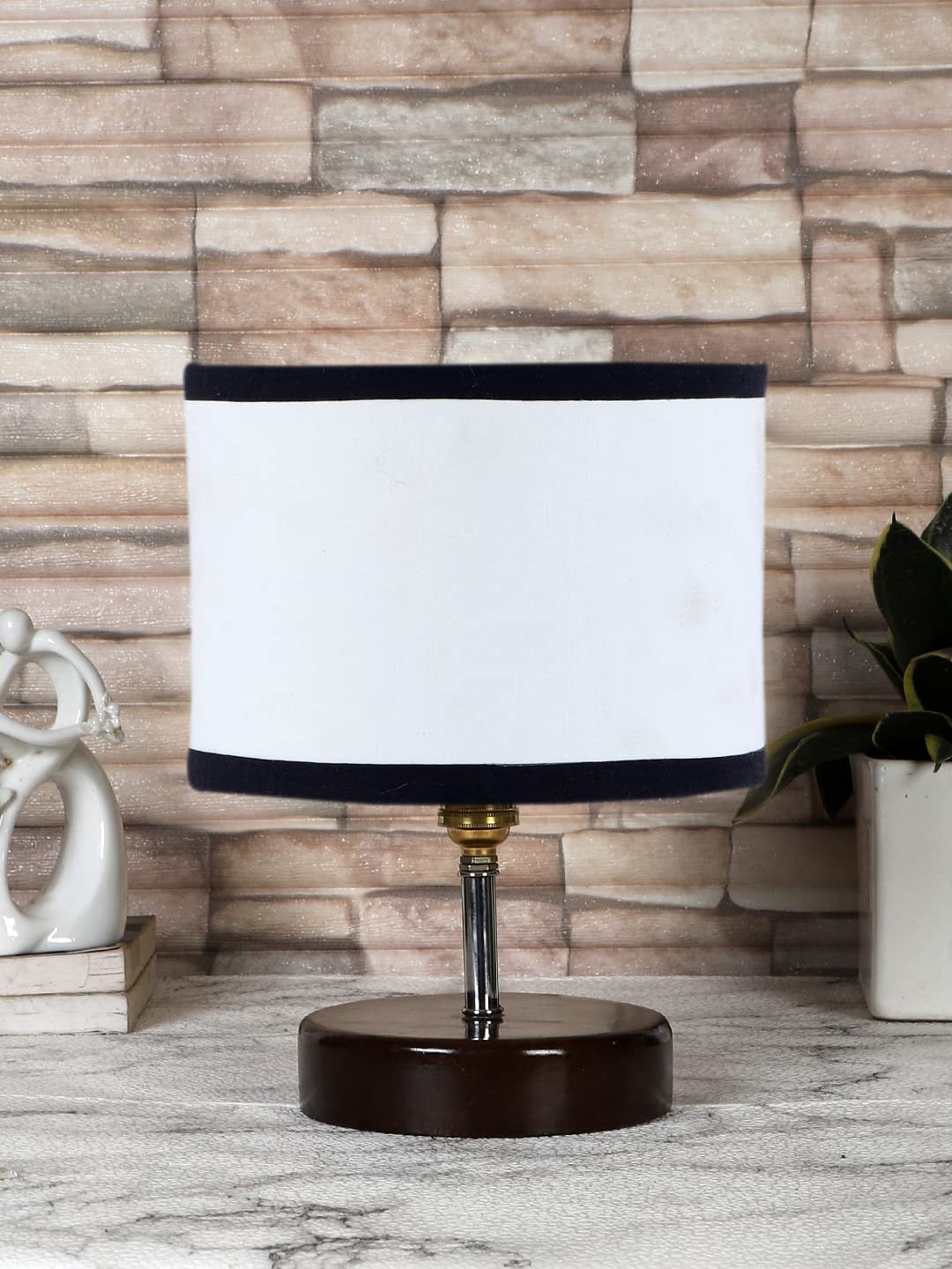 White & Black Cotton Table lamp with Brown Wood Base (YK87)