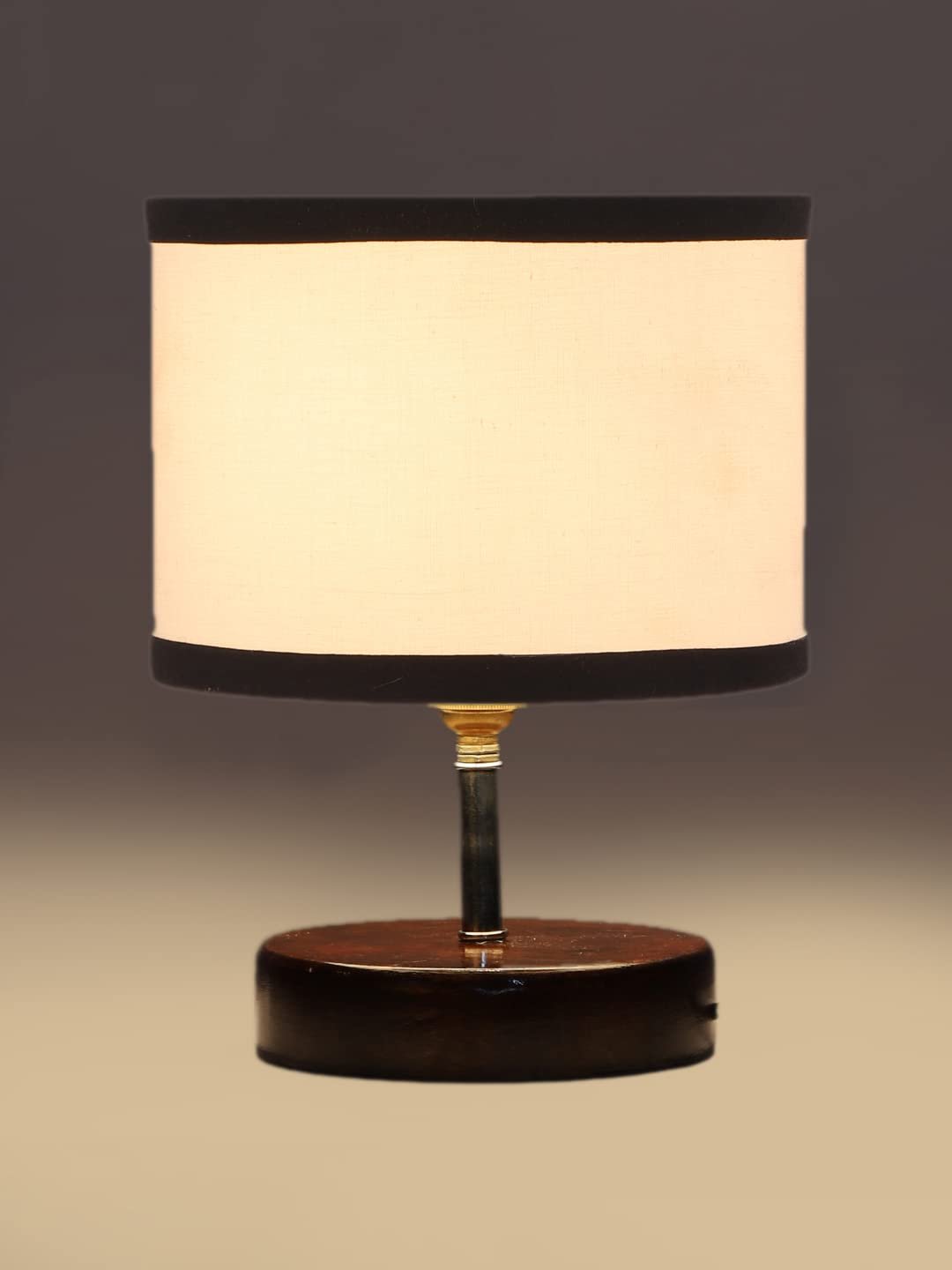 White & Black Cotton Table lamp with Brown Wood Base (YK87)