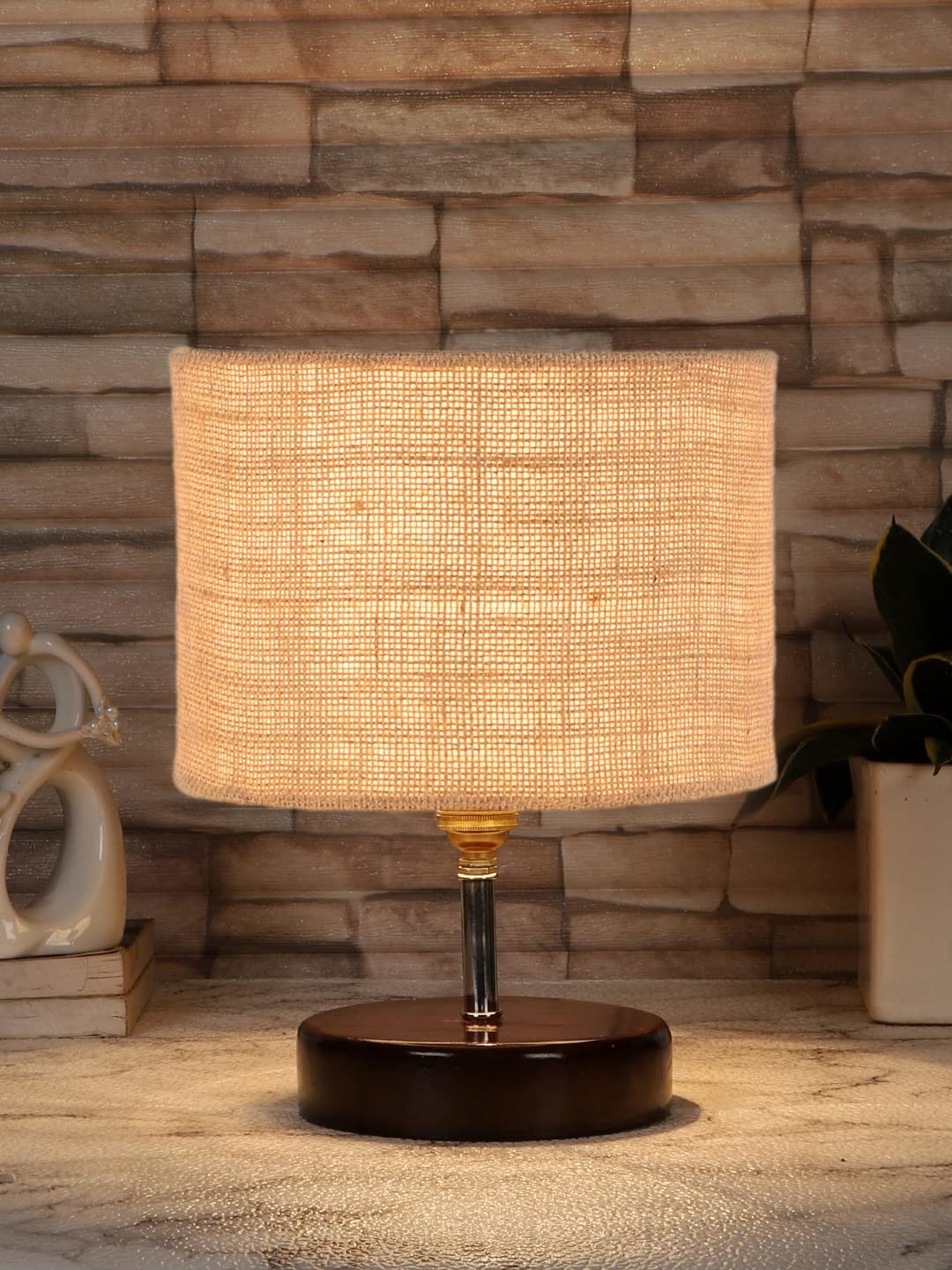 Beige Jute Table lamp with Brown Wood Base (YK88)
