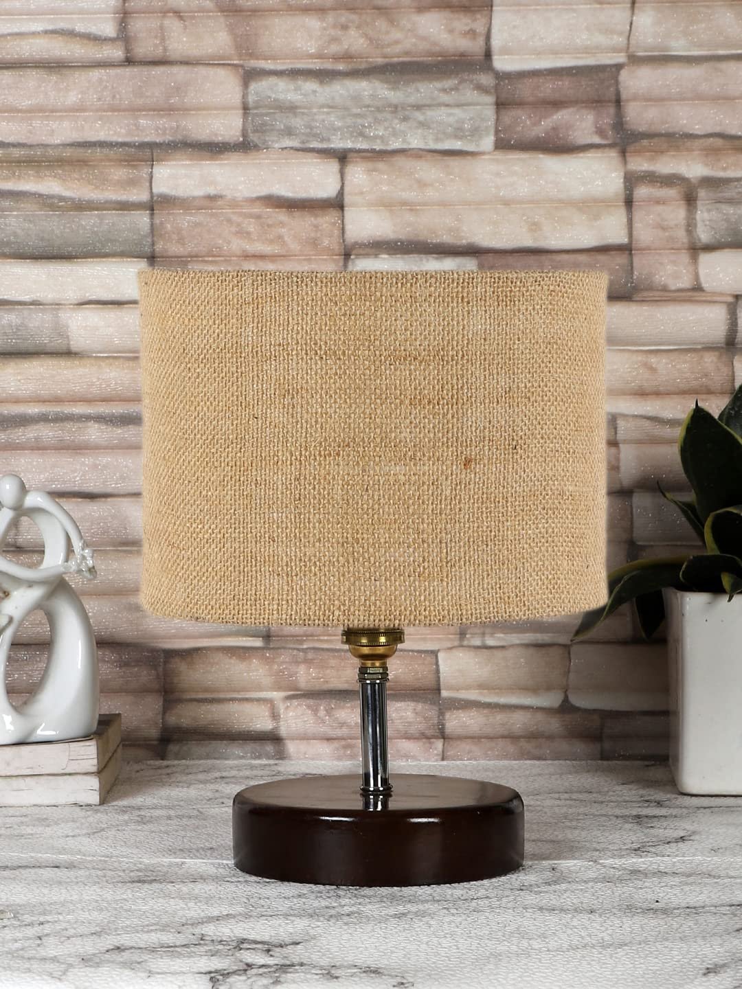 Beige Jute Table lamp with Brown Wood Base (YK88)