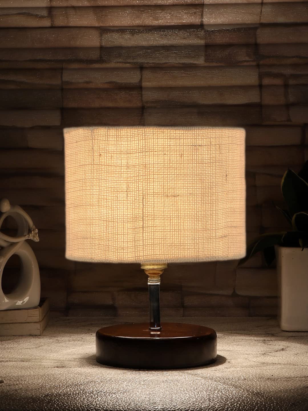 White Jute Table lamp with Brown Wood Base (YK89)
