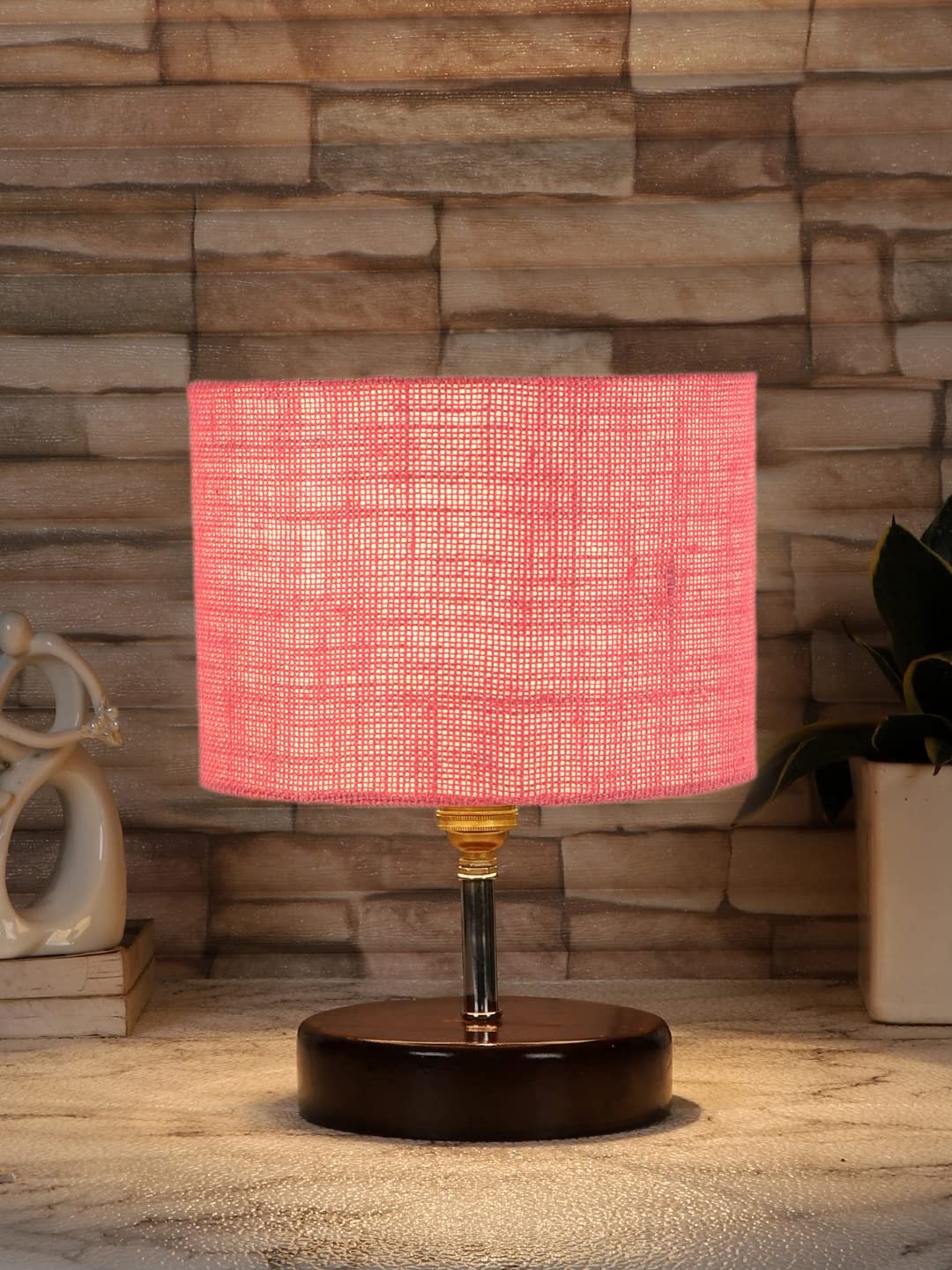 Pink Jute Table lamp with Brown Wood Base (YK90)