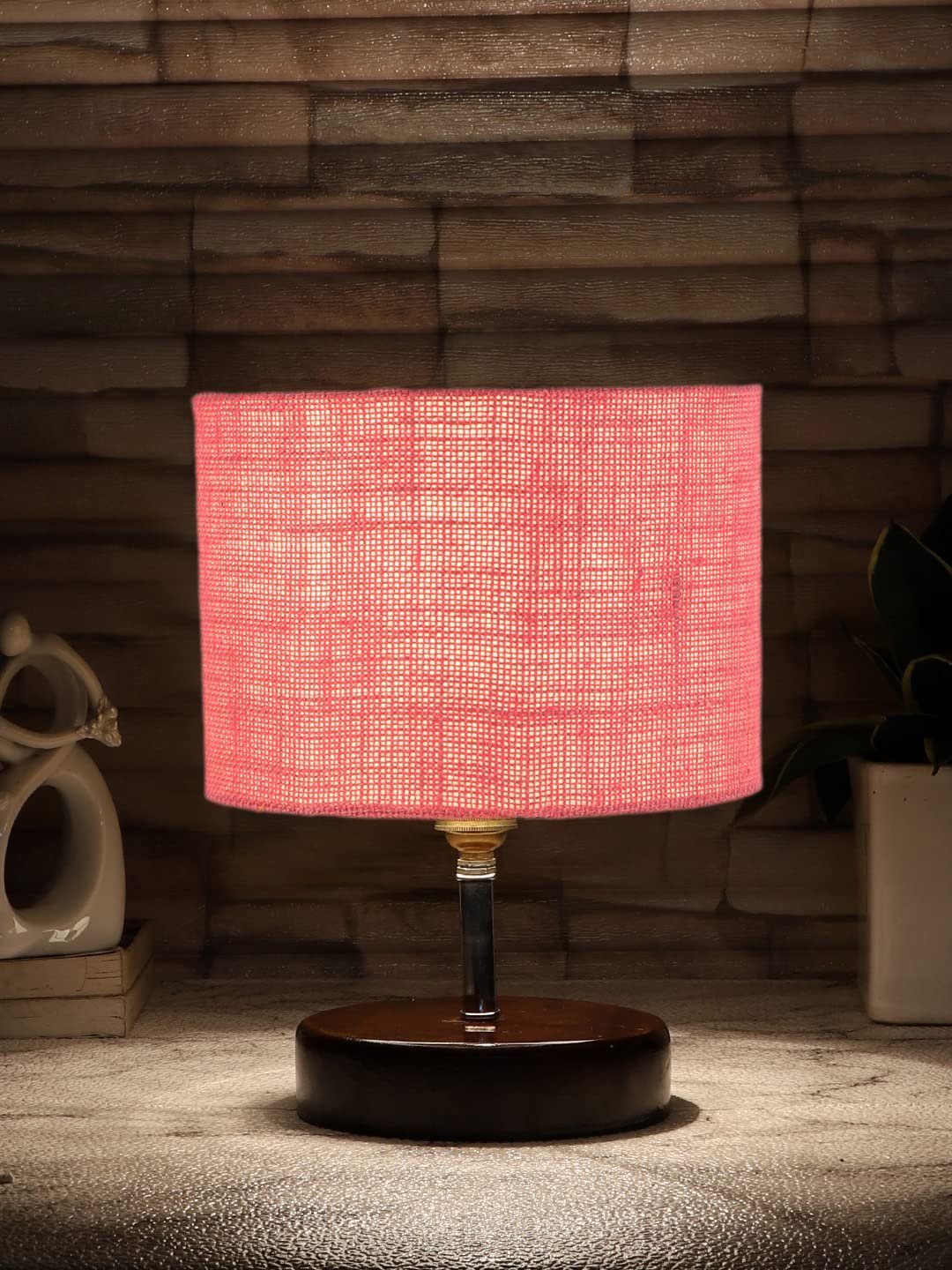 Pink Jute Table lamp with Brown Wood Base (YK90)