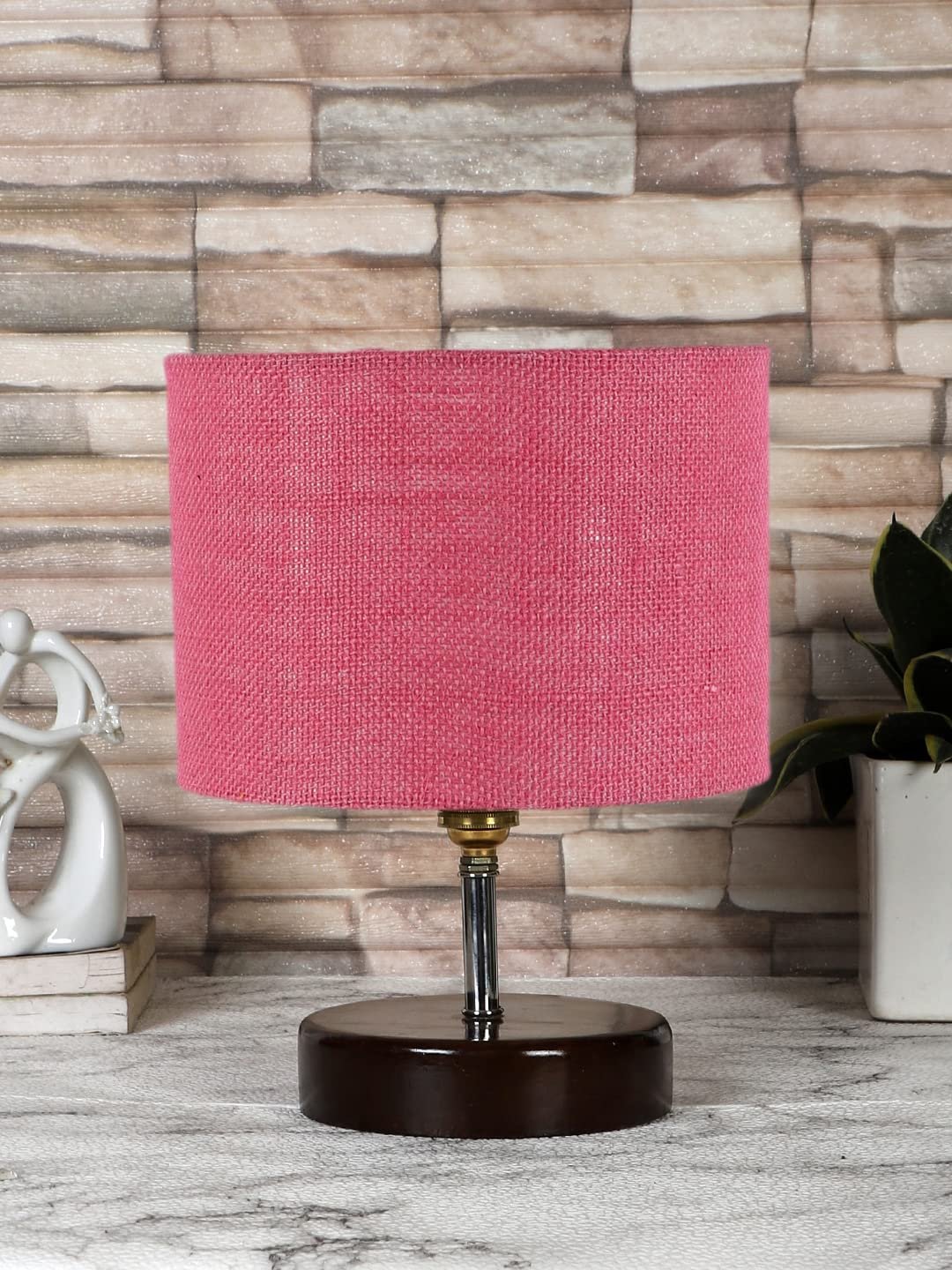 Pink Jute Table lamp with Brown Wood Base (YK90)