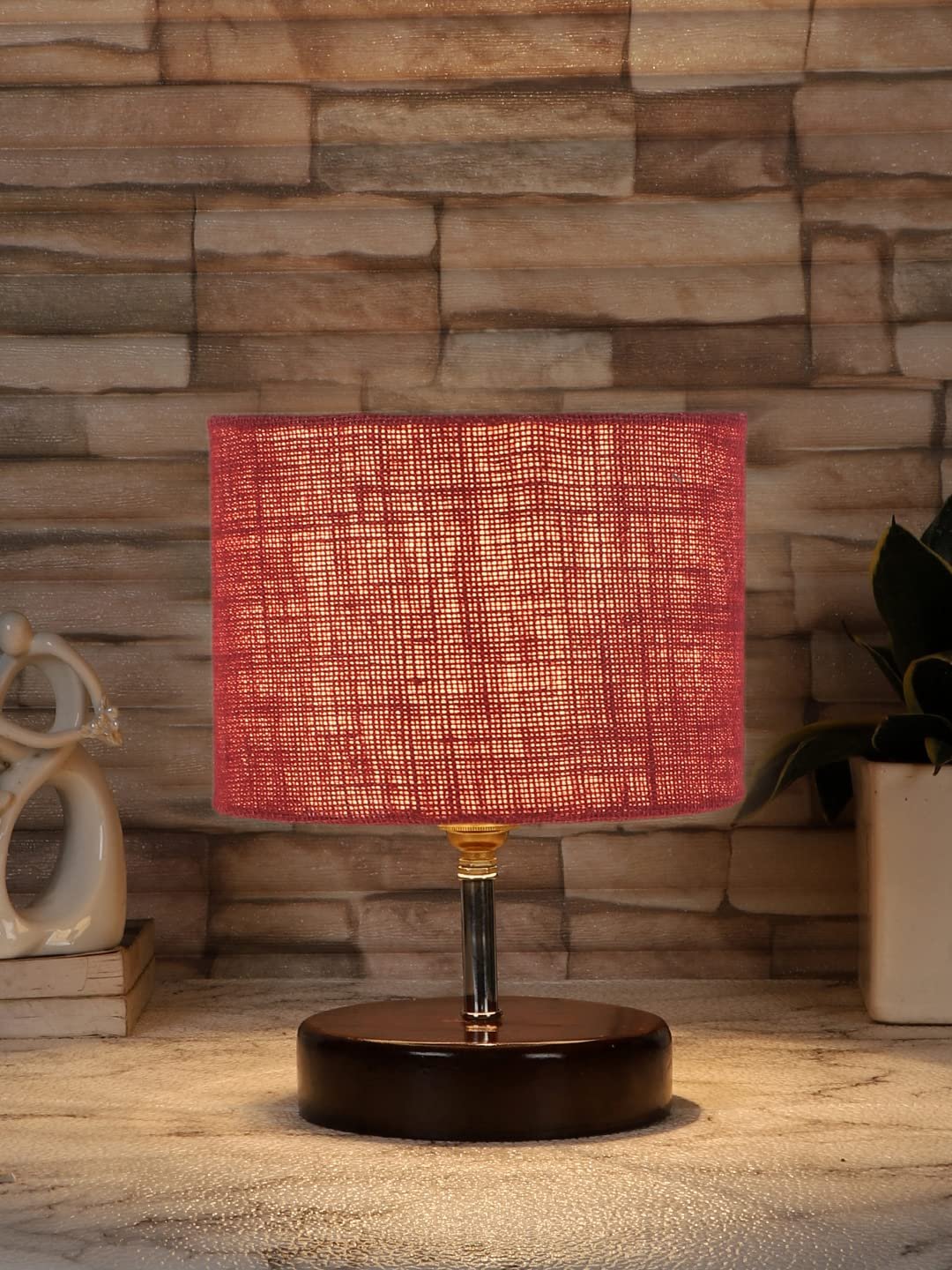 Maroon Jute Table lamp with Brown Wood Base (YK91)