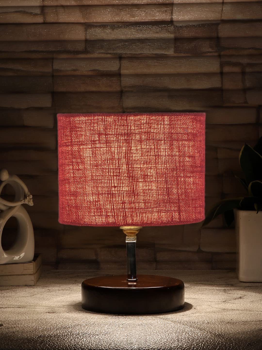 Maroon Jute Table lamp with Brown Wood Base (YK91)