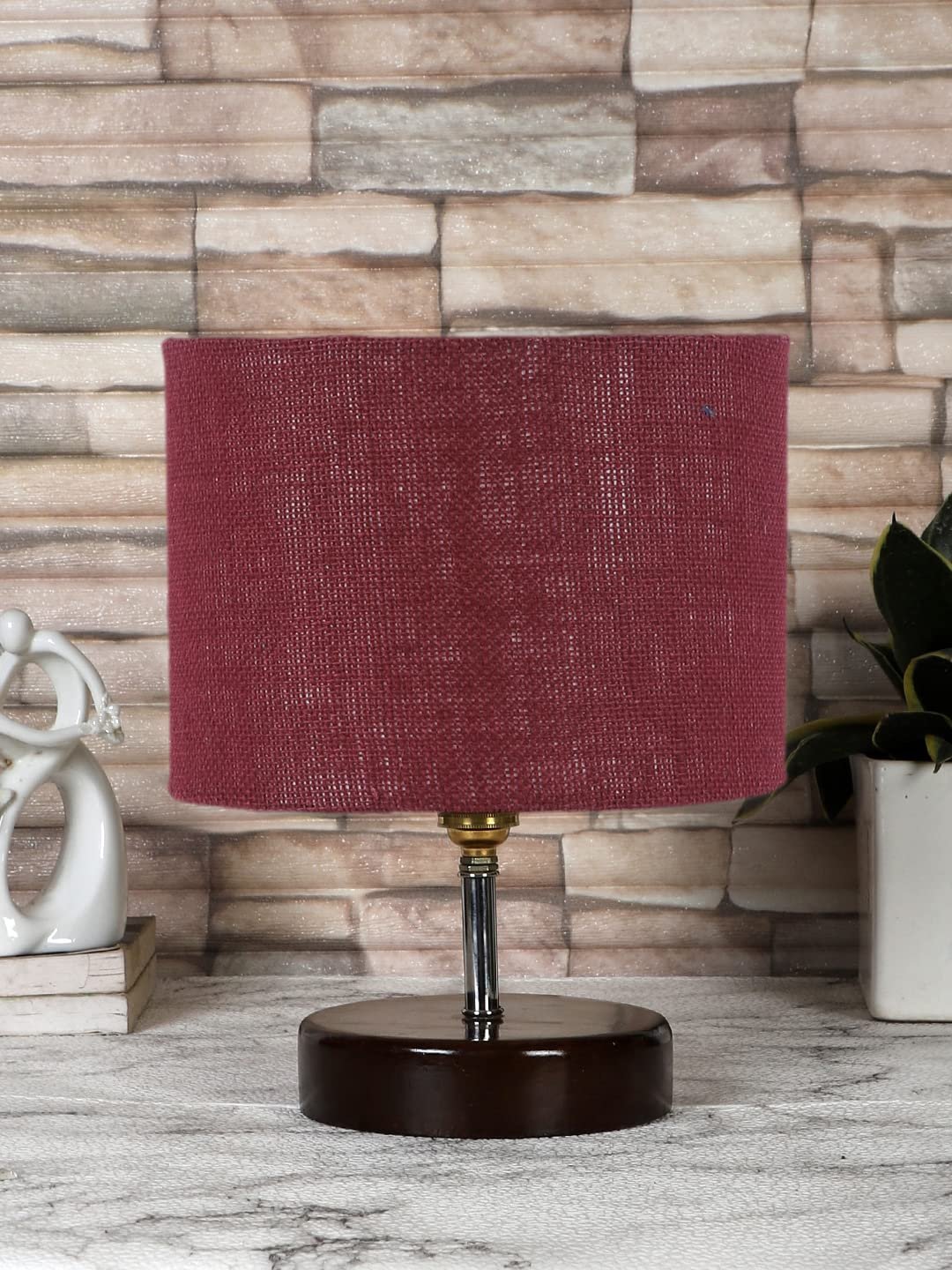Maroon Jute Table lamp with Brown Wood Base (YK91)