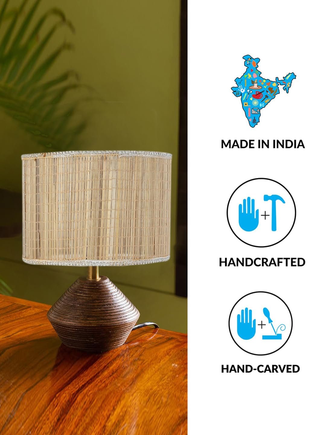 Bamboo Table lamp with Wood Base -(7x12 inches)