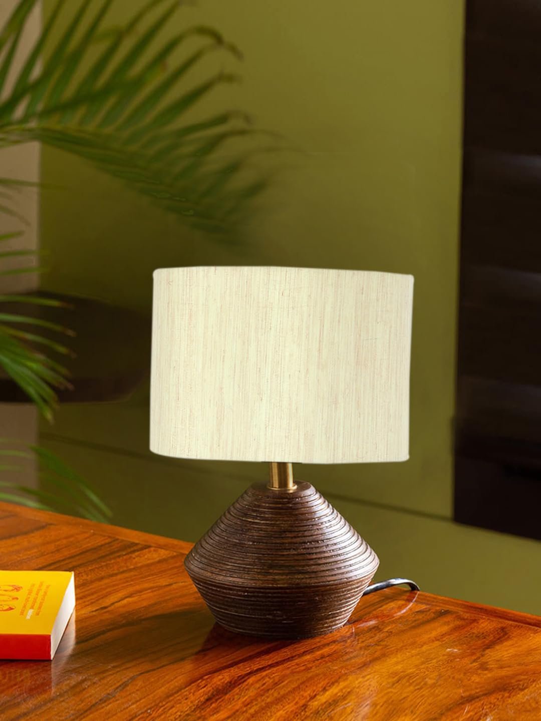 Off White Cotton Table lamp with Wood Natural Base (7x12 inches)