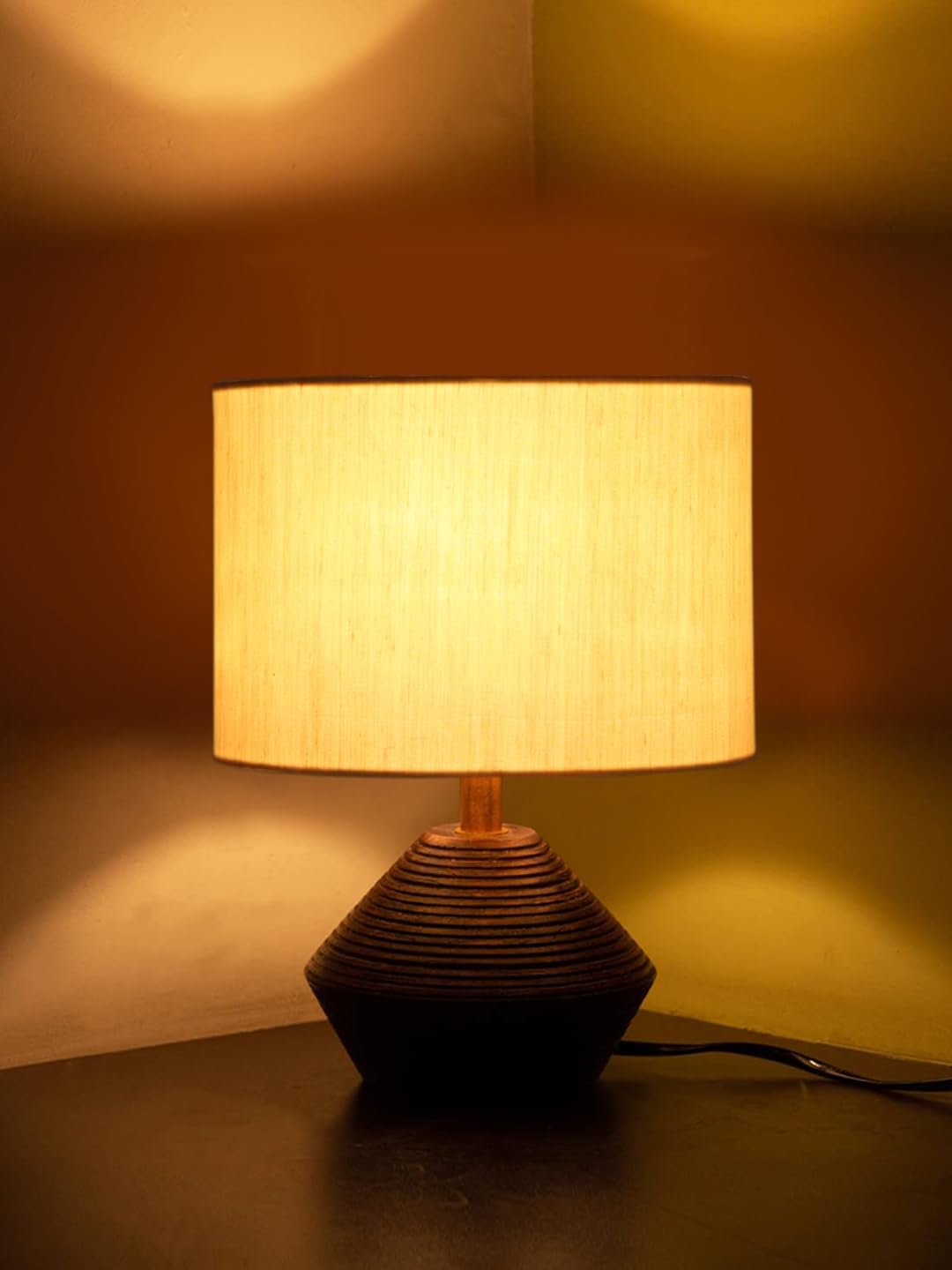 Off White Cotton Table lamp with Wood Natural Base (7x12 inches)