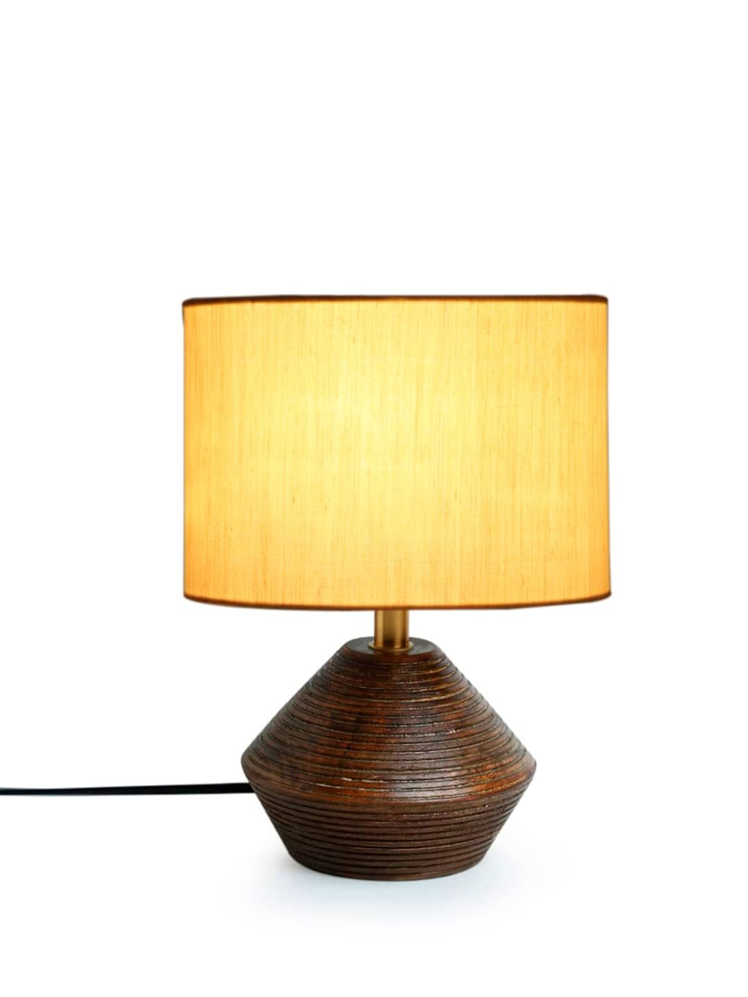 Off White Cotton Table lamp with Wood Natural Base (7x12 inches)