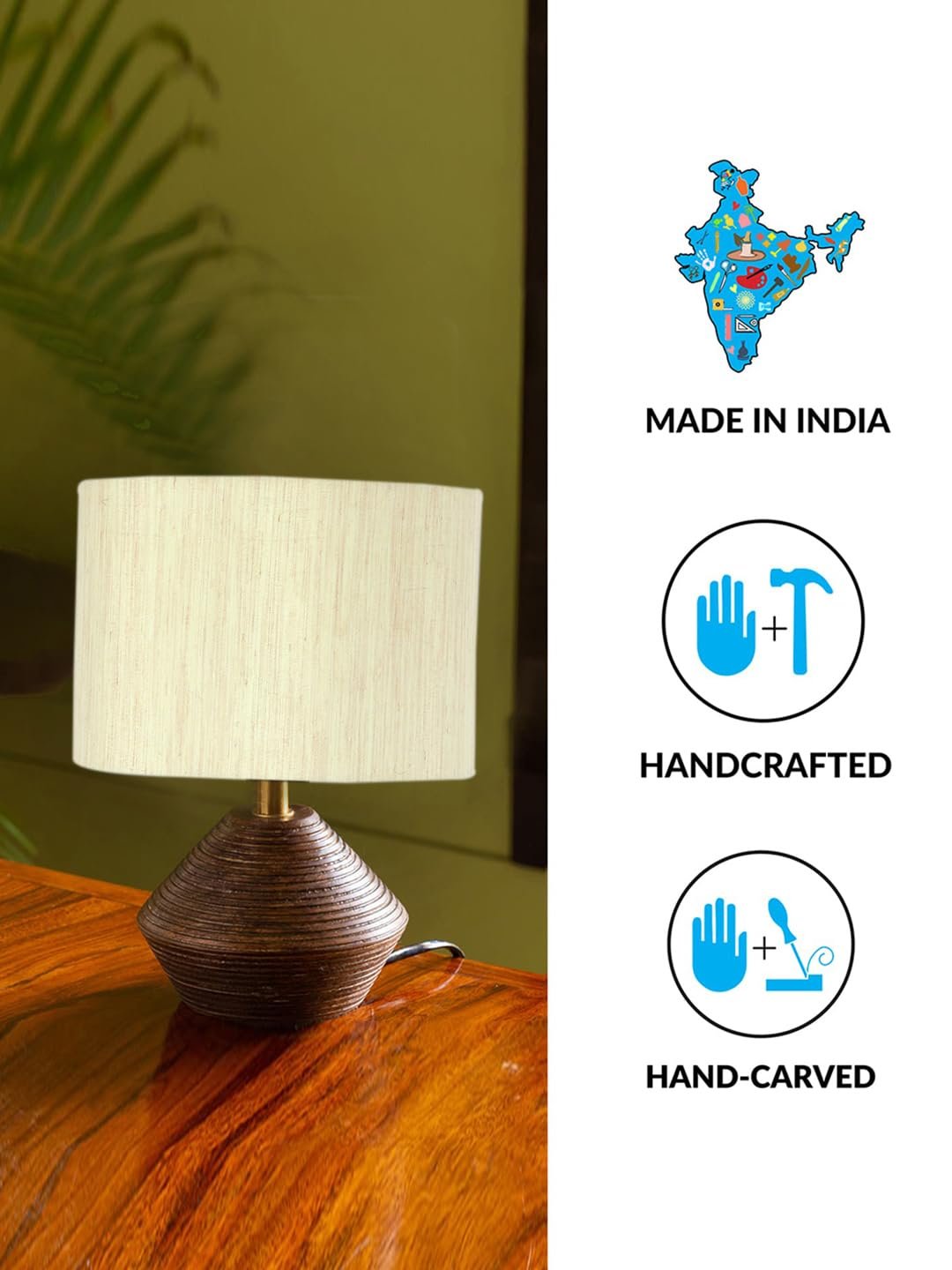 Off White Cotton Table lamp with Wood Natural Base (7x12 inches)