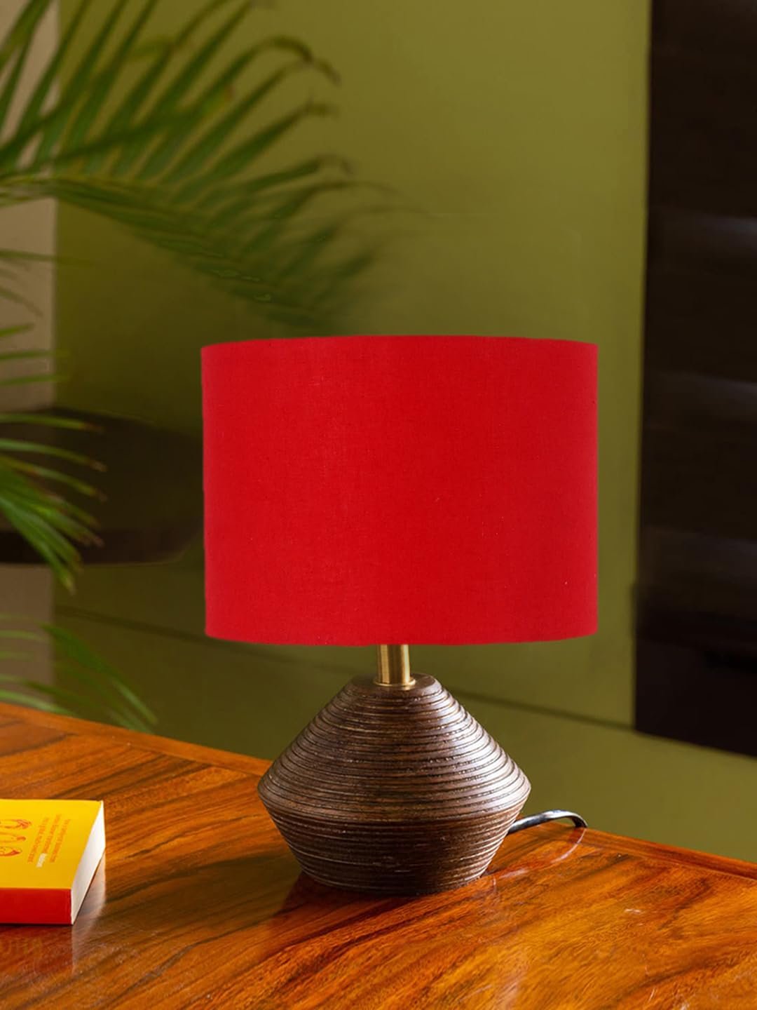 Red Cotton Table lamp with Wood Natural Base (7x12 inches)