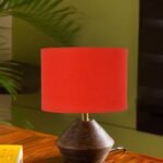 Orange Cotton Table lamp with Wood Natural Base (7×12 inches)