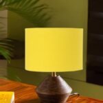 Yellow Cotton Table lamp with Wood Natural Base (7×12 inches)