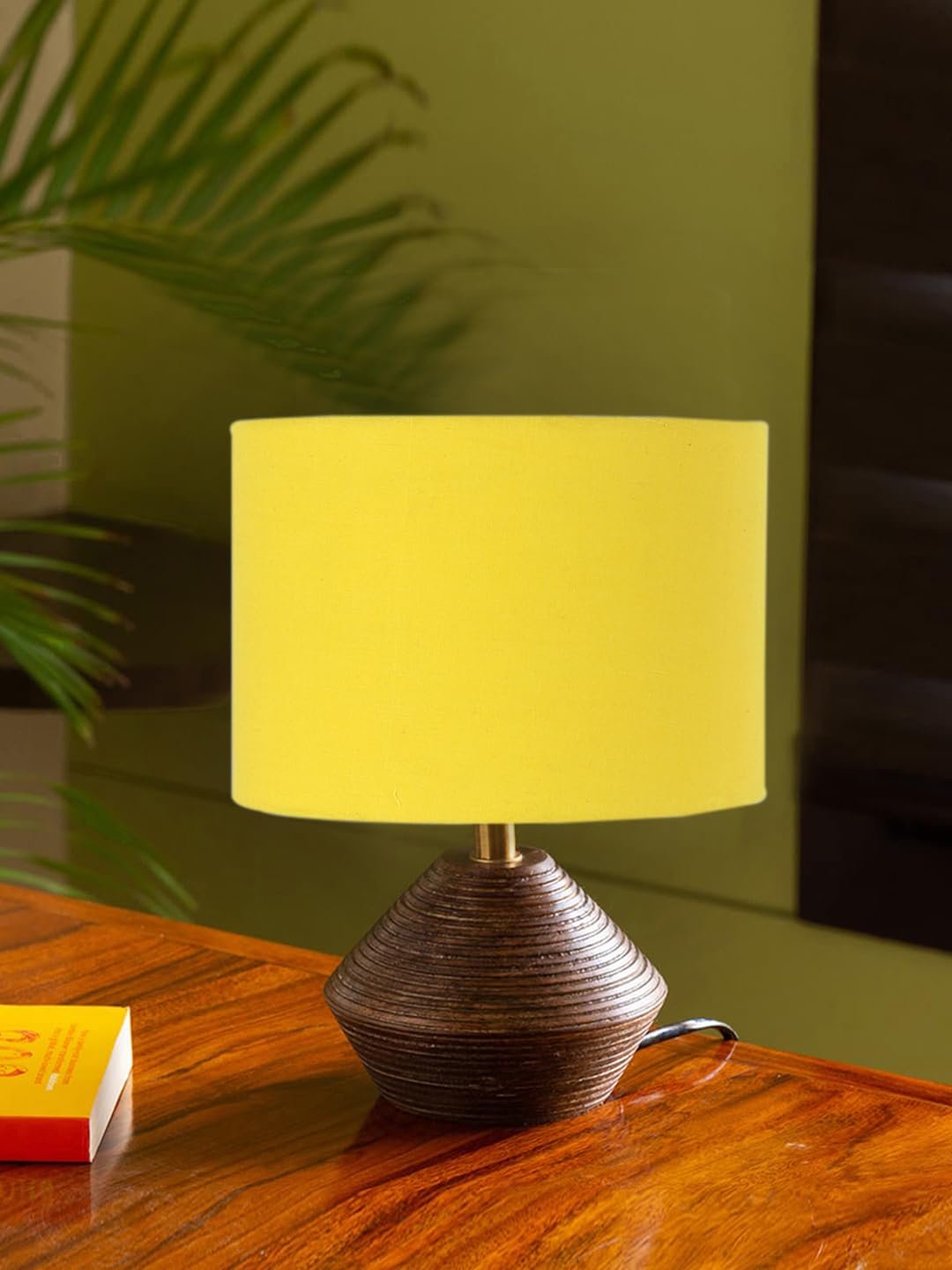 Yellow Cotton Table lamp with Wood Natural Base (7x12 inches)