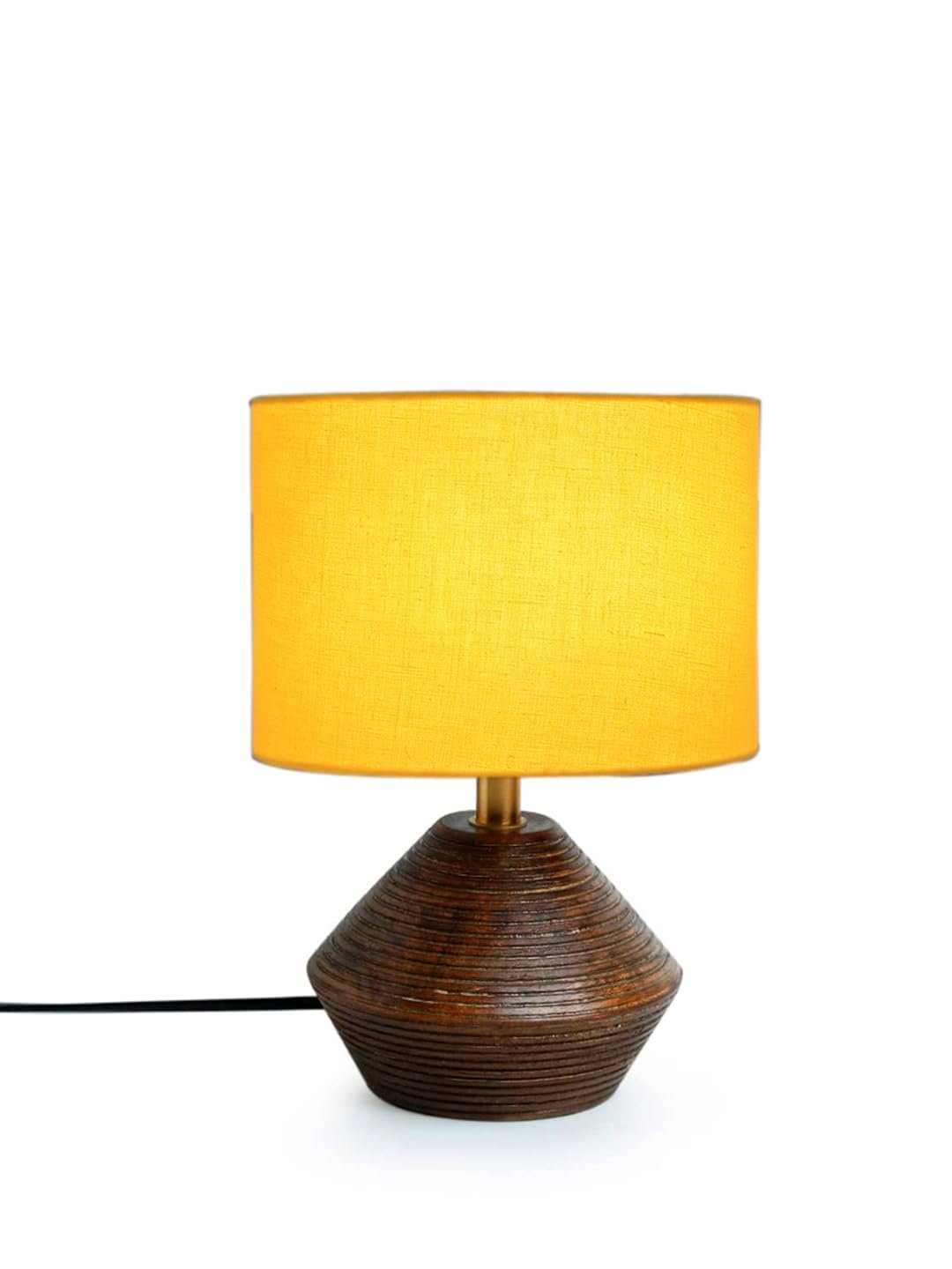 Yellow Cotton Table lamp with Wood Natural Base (7x12 inches)