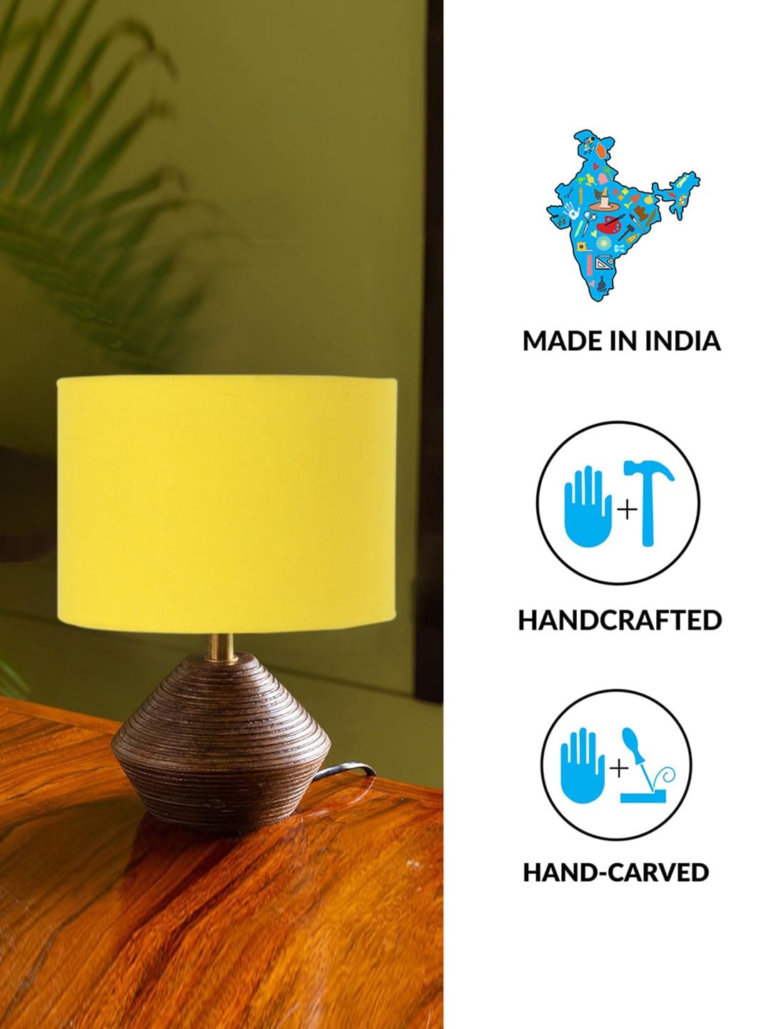Yellow Cotton Table lamp with Wood Natural Base (7x12 inches)