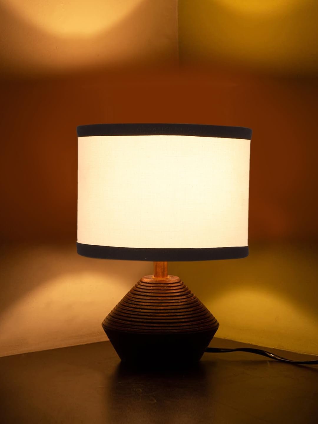 Multicolor Cotton Table lamp with Wood Natural Base (7x12 inches)