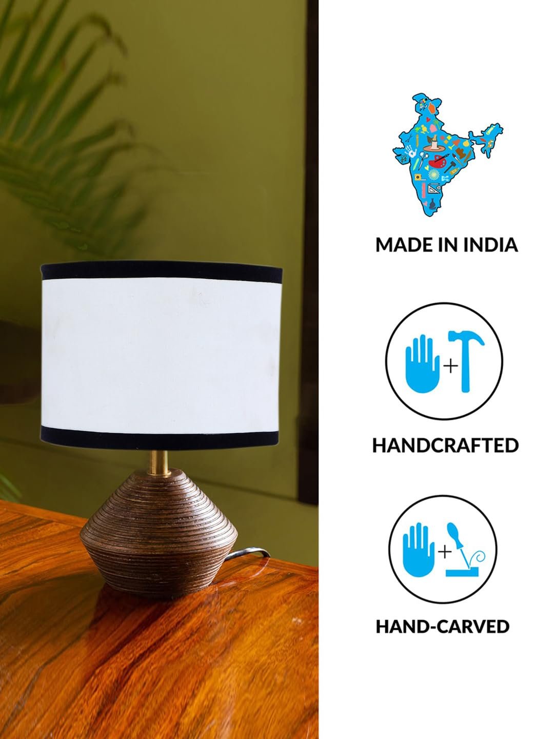 Multicolor Cotton Table lamp with Wood Natural Base (7x12 inches)