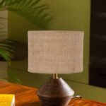 Beige Jute Table lamp with Wood Natural Base (7×12 inches)