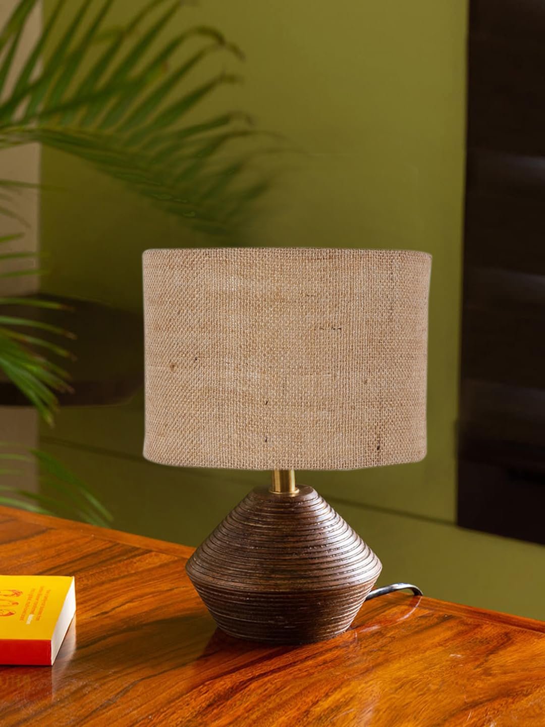Beige Jute Table lamp with Wood Natural Base (7x12 inches)