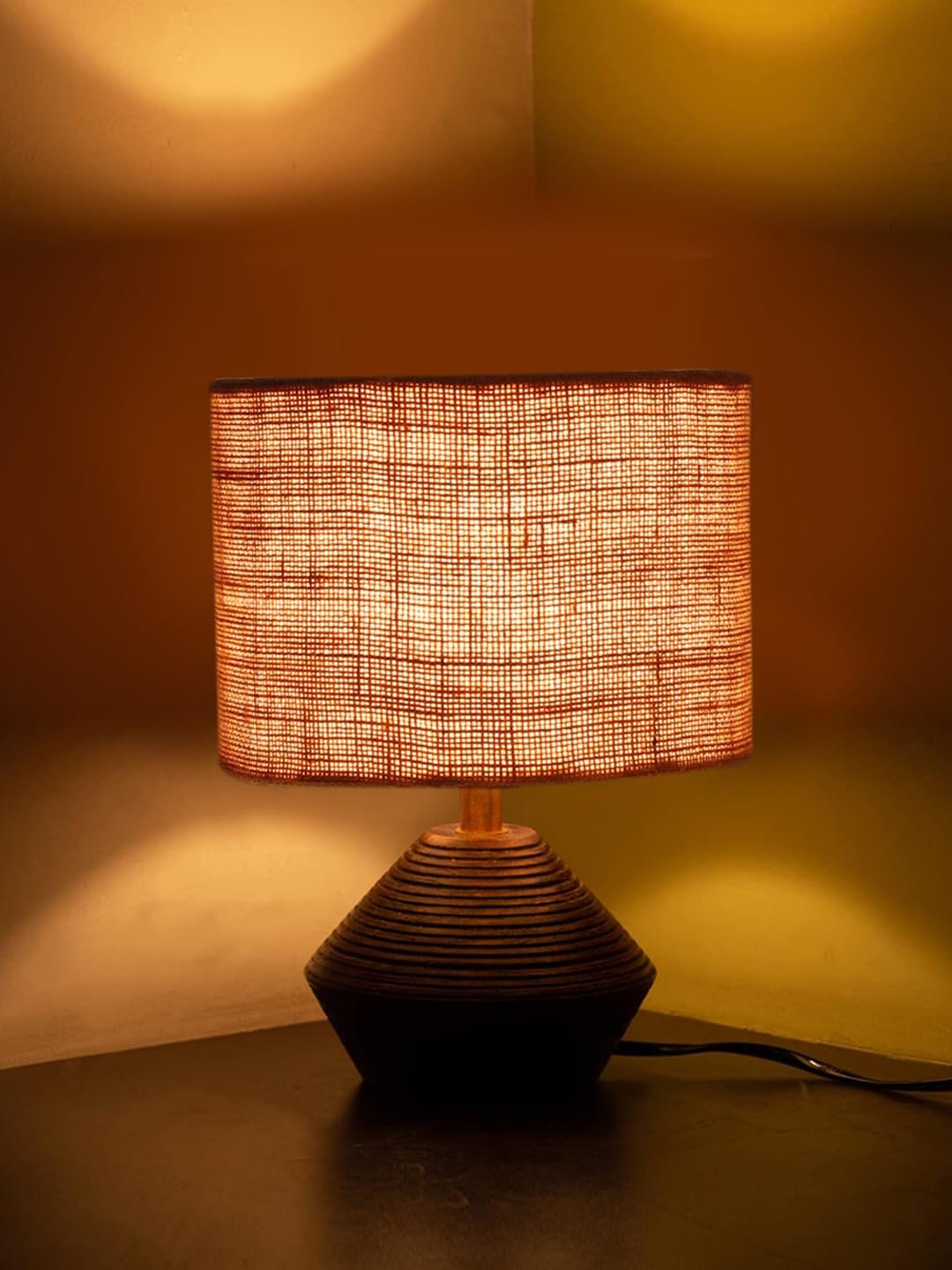 Beige Jute Table lamp with Wood Natural Base (7x12 inches)