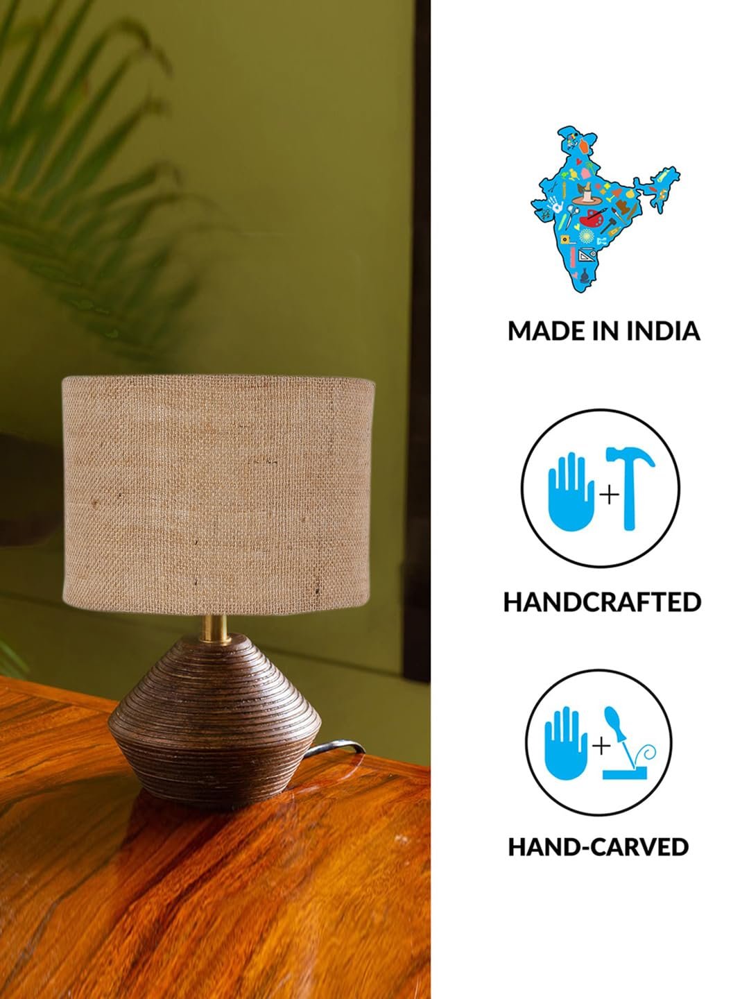 Beige Jute Table lamp with Wood Natural Base (7x12 inches)