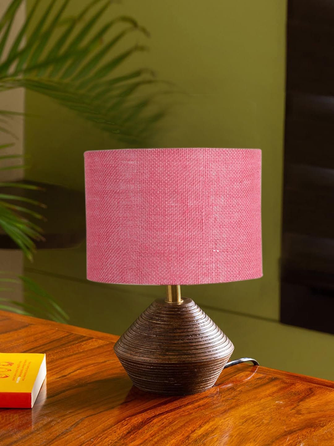 Pink Jute Table lamp with Wood Natural Base (7x12 inches)