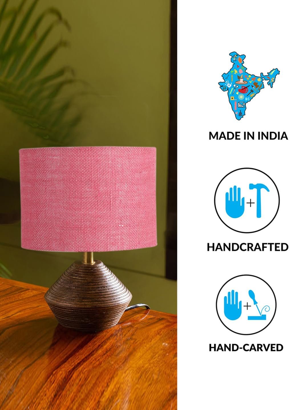 Pink Jute Table lamp with Wood Natural Base (7x12 inches)