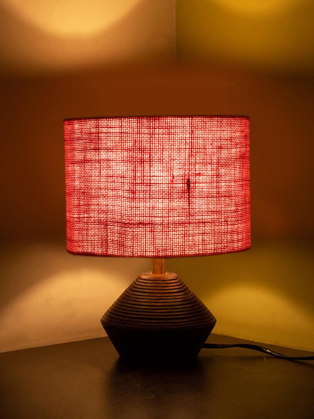 Pink Jute Table lamp with Wood Natural Base (7x12 inches)