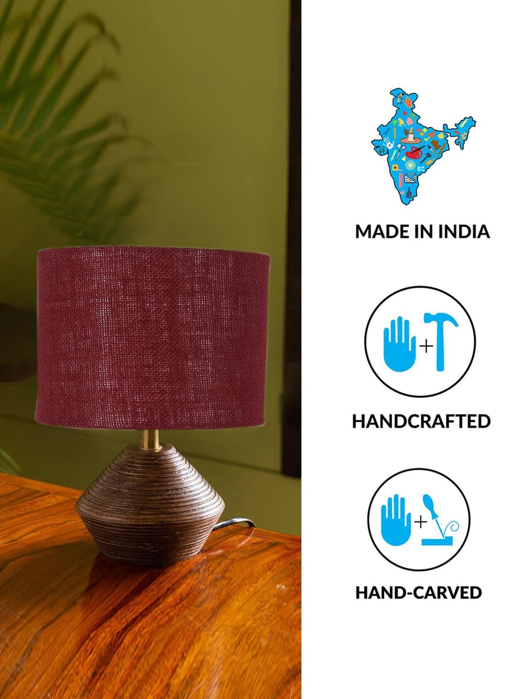 Maroon Jute Table lamp with g Wood Natural Base -(7x12 inches)