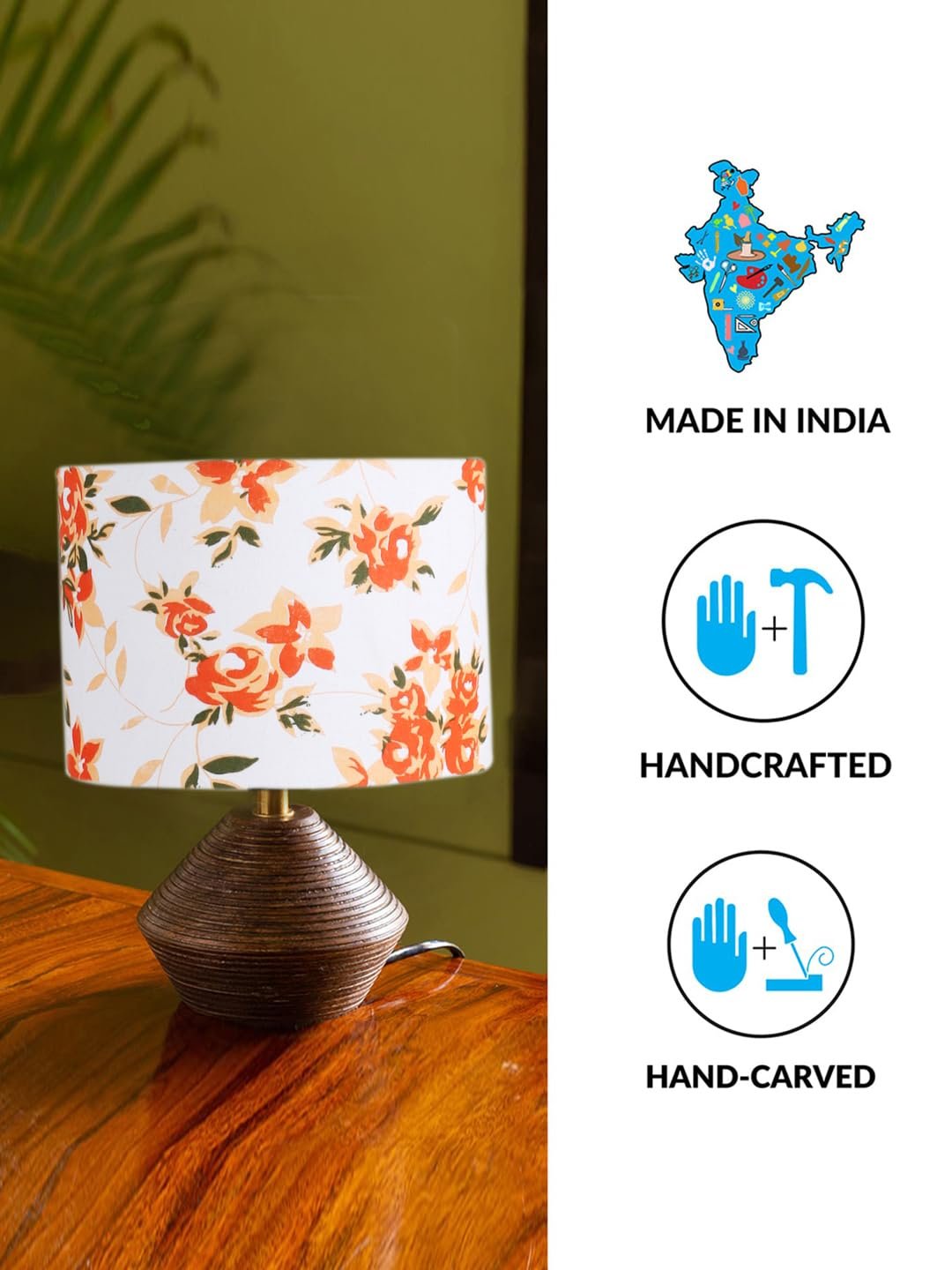 Multicolor Cotton Table lamp with Wood Natural Base (7x12 inches)-14