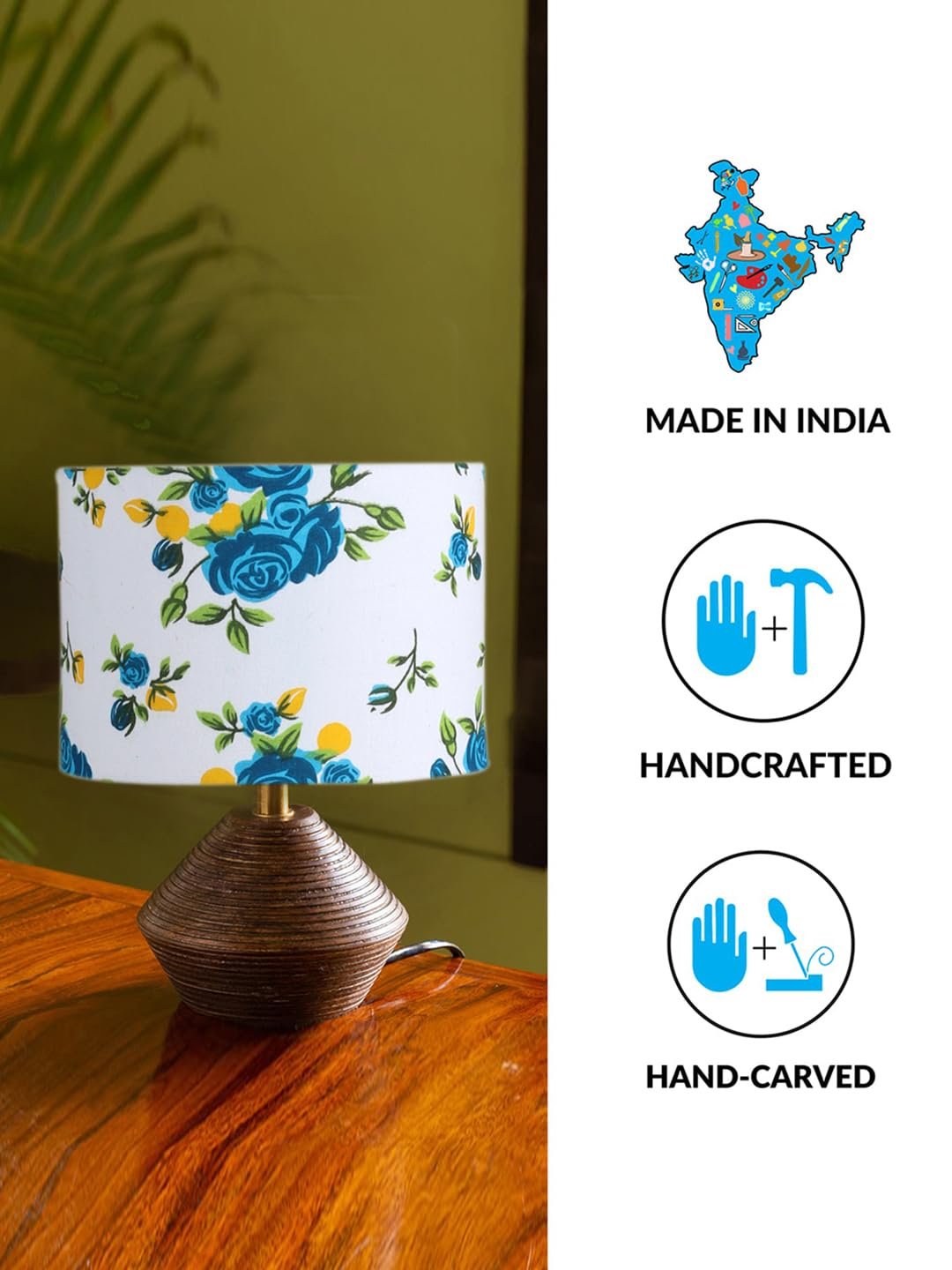 Multicolor Cotton Table lamp with Wood Natural Base (7x12 inches)-15