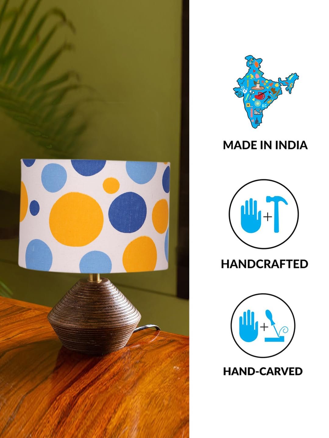 Multicolor Cotton Table lamp with Wood Natural Base (7x12 inches)-18