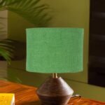 Green Jute Table lamp with Wood Natural Base (7×12 inches)
