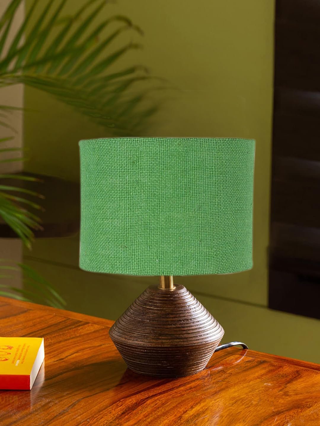 Green Jute Table lamp with Wood Natural Base (7x12 inches)