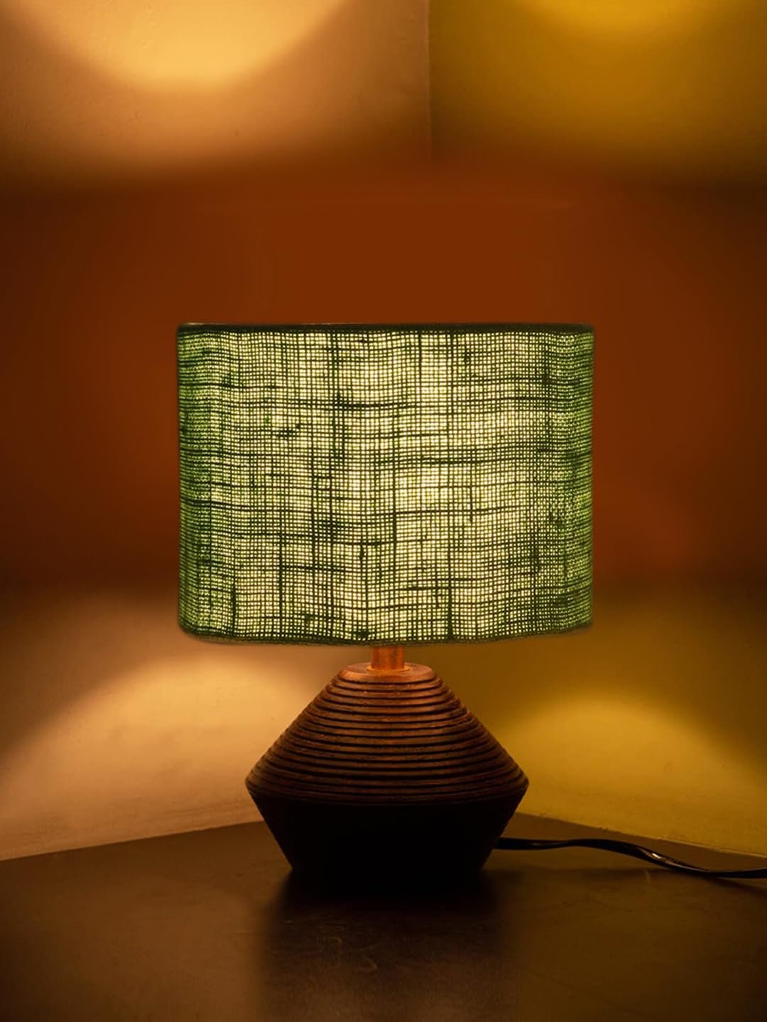 Green Jute Table lamp with Wood Natural Base (7x12 inches)