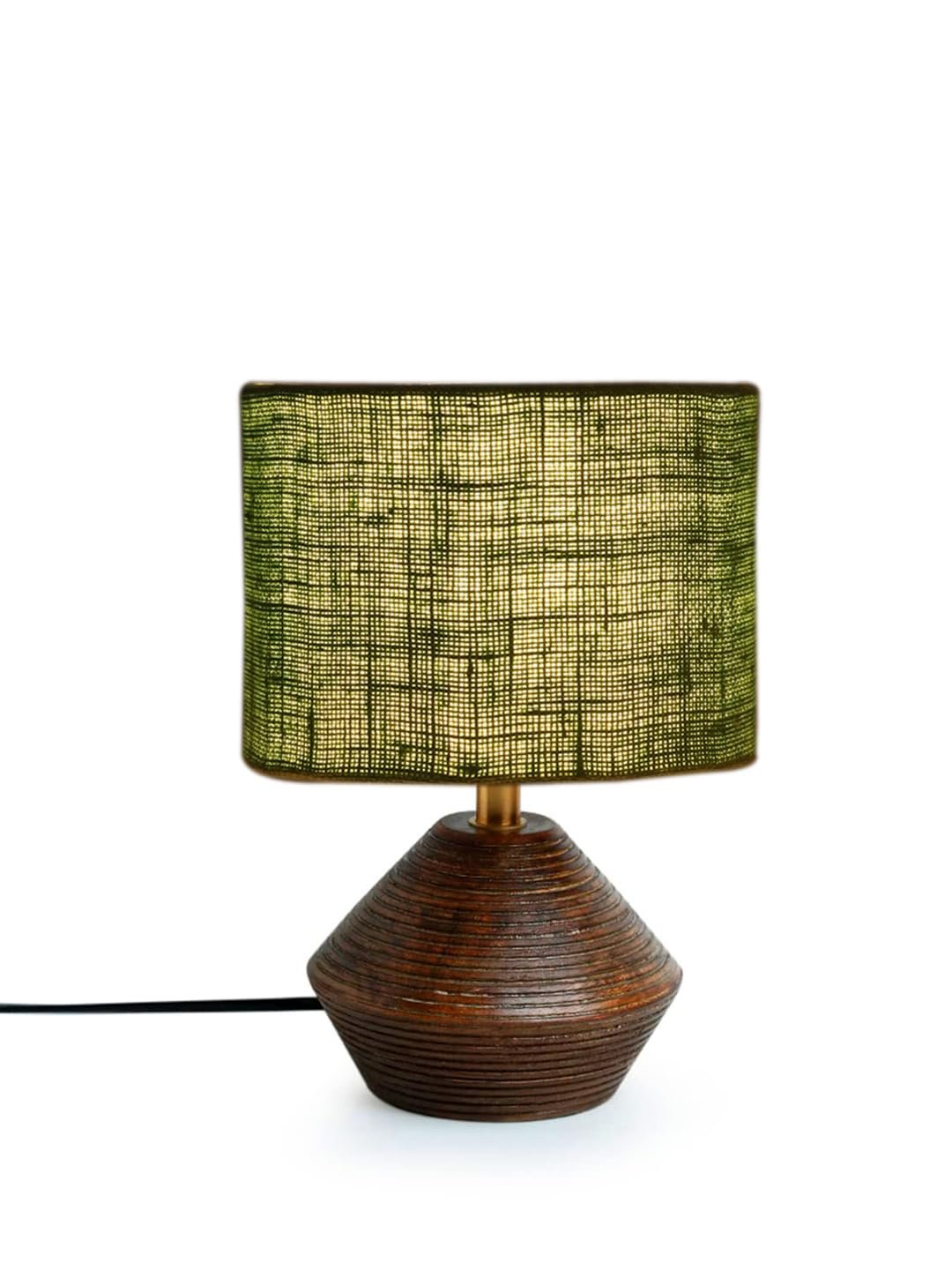 Green Jute Table lamp with Wood Natural Base (7x12 inches)