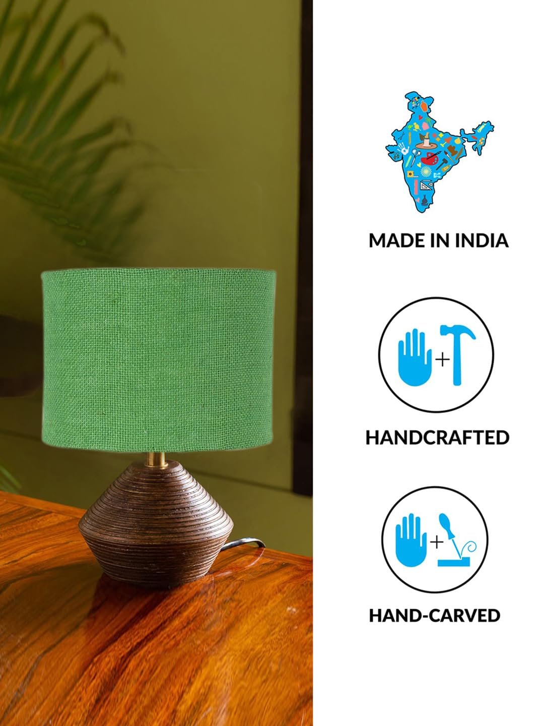 Green Jute Table lamp with Wood Natural Base (7x12 inches)
